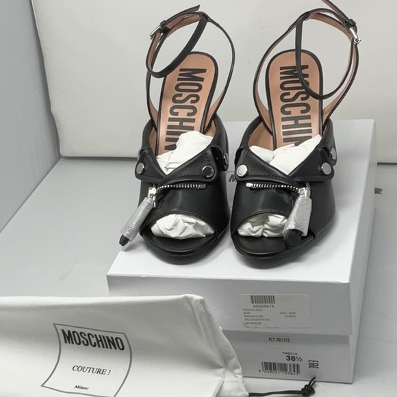 NIB Moschino Couture biker motif black ankle strap sandals, size 8.5 - Picture 2 of 9